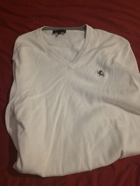 Men's White V-Neck Sweater with Embroidered Crest